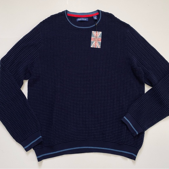 NEW ENGLISH LAUNDRY SWEATER Block Ribbed Navy Blue Collar Cuff Accents SIZE XL - Picture 2 of 10